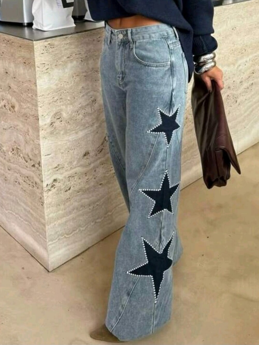 Light Wash Straight Leg Jeans, Eye-Catching Star Decoration, Casual Women's